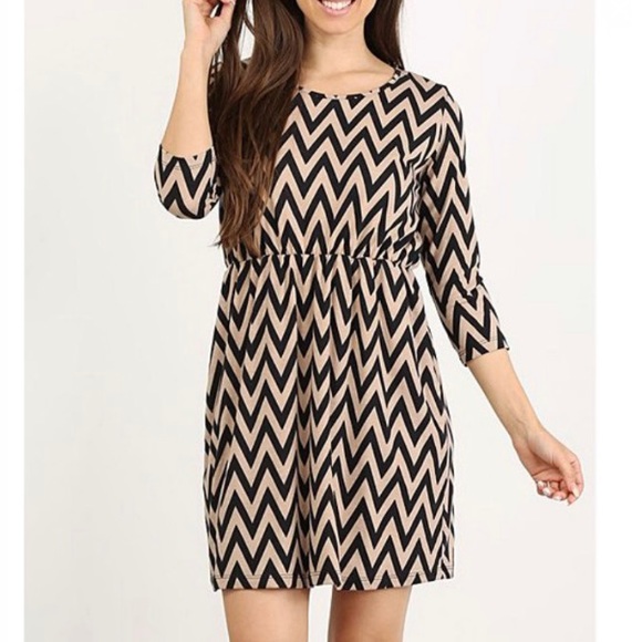 Khaki & Black Chevron A-Line Dress, M - Picture 2 of 5